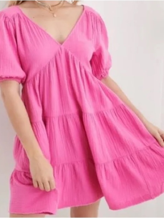 aerie Dresses & Skirts - aerie Bright Pink Tiered V-Neck Mini Dress